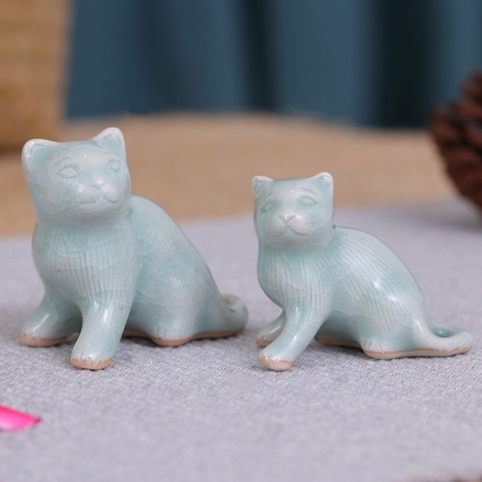 Pair of Celadon Ceramic Cat Figurines Handmade in Thailand 'Cat Allure'
