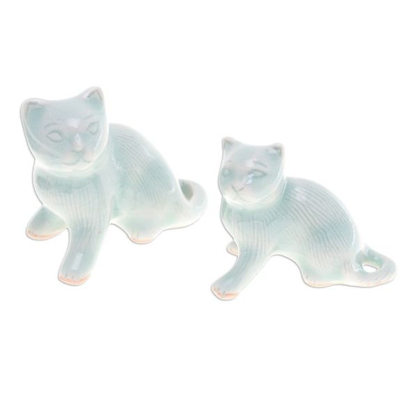 Alternate image for Pair of Celadon Ceramic Cat Figurines Handmade in Thailand Cat Allure
