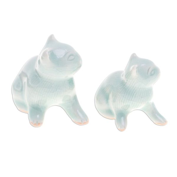 Alternate image for Pair of Celadon Ceramic Cat Figurines Handmade in Thailand Cat Allure