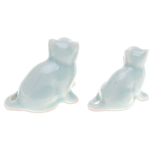 Alternate image for Pair of Celadon Ceramic Cat Figurines Handmade in Thailand Cat Allure
