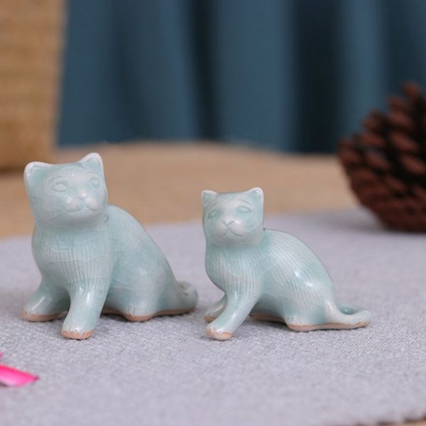 Alternate image for Pair of Celadon Ceramic Cat Figurines Handmade in Thailand Cat Allure