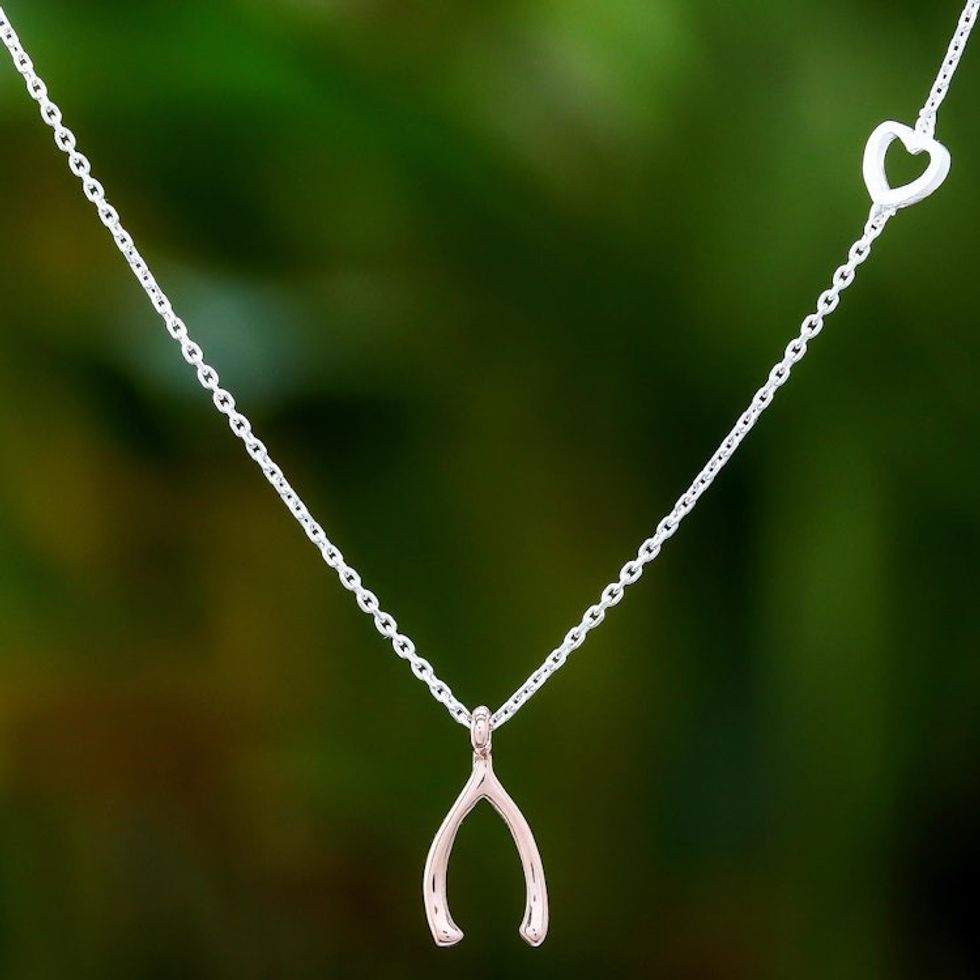Rose Gold Accented Sterling Silver Wishbone Necklace 'Oracle Wishbone'