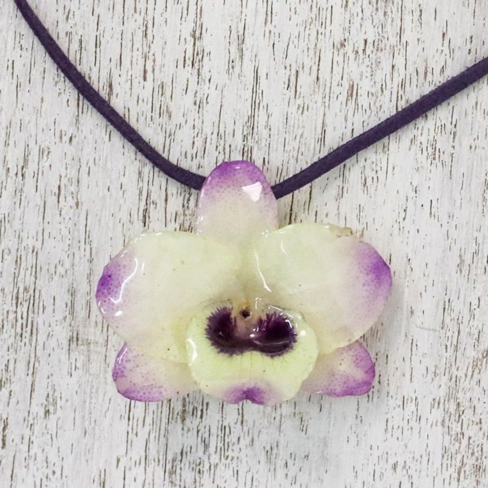 Resin-Coated Pale Yellow and Purple Orchid Pendant Necklace 'Orchid Treasure'