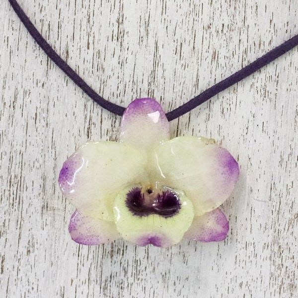 Alternate image for Resin-Coated Pale Yellow and Purple Orchid Pendant Necklace Orchid Treasure