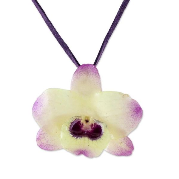 Alternate image for Resin-Coated Pale Yellow and Purple Orchid Pendant Necklace Orchid Treasure