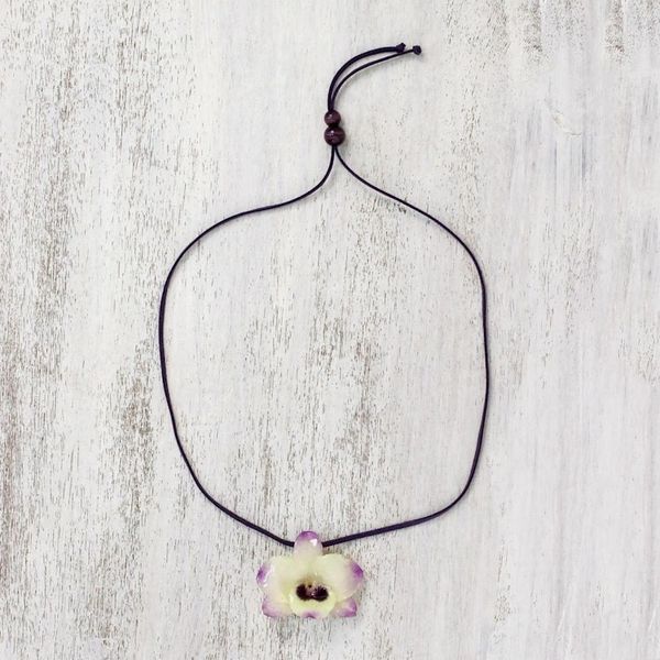 Alternate image for Resin-Coated Pale Yellow and Purple Orchid Pendant Necklace Orchid Treasure