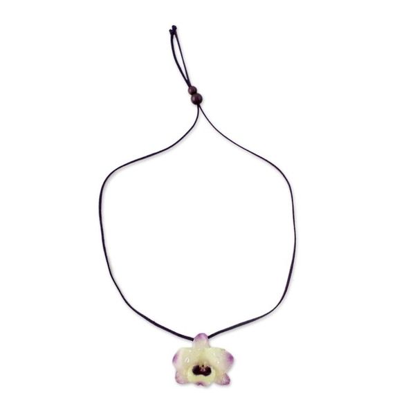 Alternate image for Resin-Coated Pale Yellow and Purple Orchid Pendant Necklace Orchid Treasure