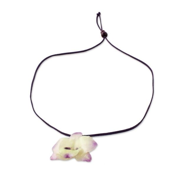 Alternate image for Resin-Coated Pale Yellow and Purple Orchid Pendant Necklace Orchid Treasure