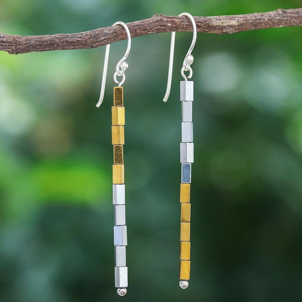 Gold-Coated Sterling Silver Hematite Dangle Earrings 'Sun and Stars'