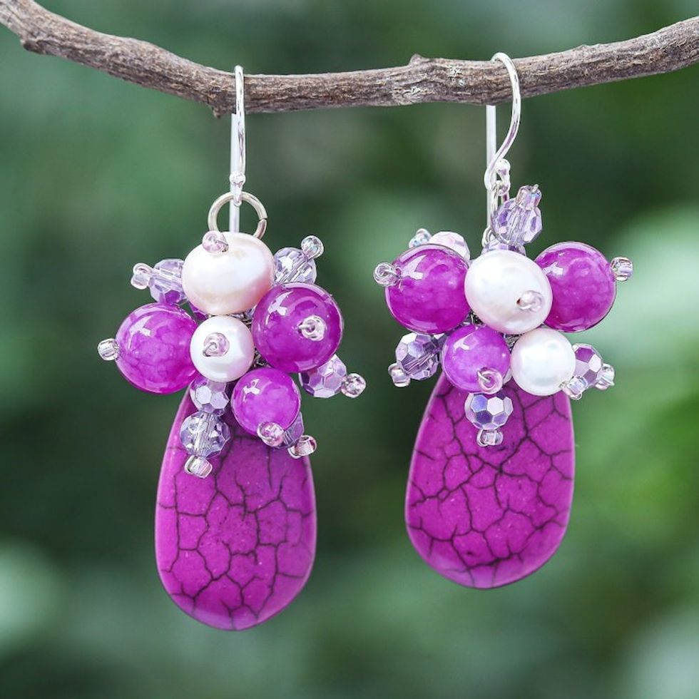 Handmade Howlite and Cultured Pearl Dangle Earrings 'Space Candy in Fuchsia'