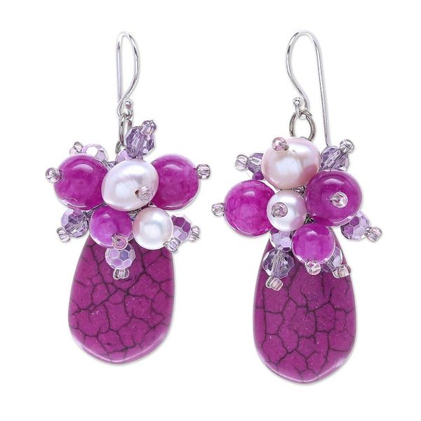 Alternate image for Handmade Howlite and Cultured Pearl Dangle Earrings Space Candy in Fuchsia