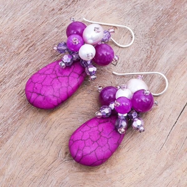Alternate image for Handmade Howlite and Cultured Pearl Dangle Earrings Space Candy in Fuchsia