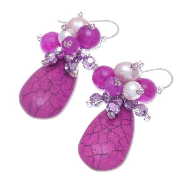 Alternate image for Handmade Howlite and Cultured Pearl Dangle Earrings Space Candy in Fuchsia