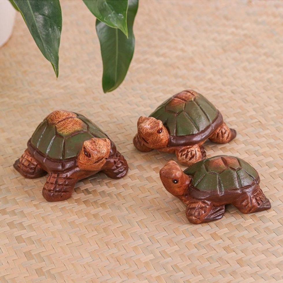 Set of 3 Hand-Carved and Hand-Painted Turtle Wood Figurines 'Family of Turtles'