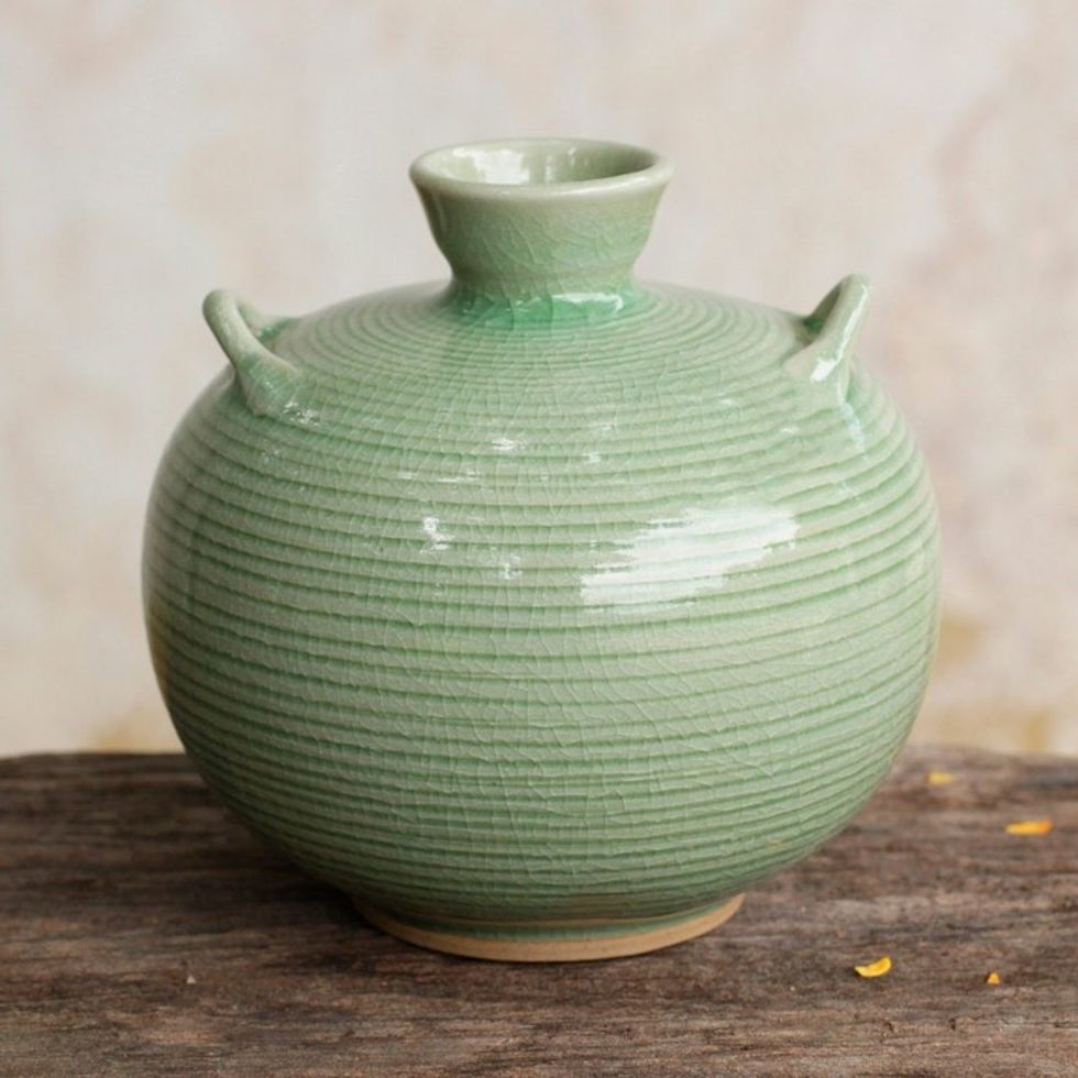 Artisan Crafted Green Thai Celadon Ceramic Bud Vase 'Rice Fields'