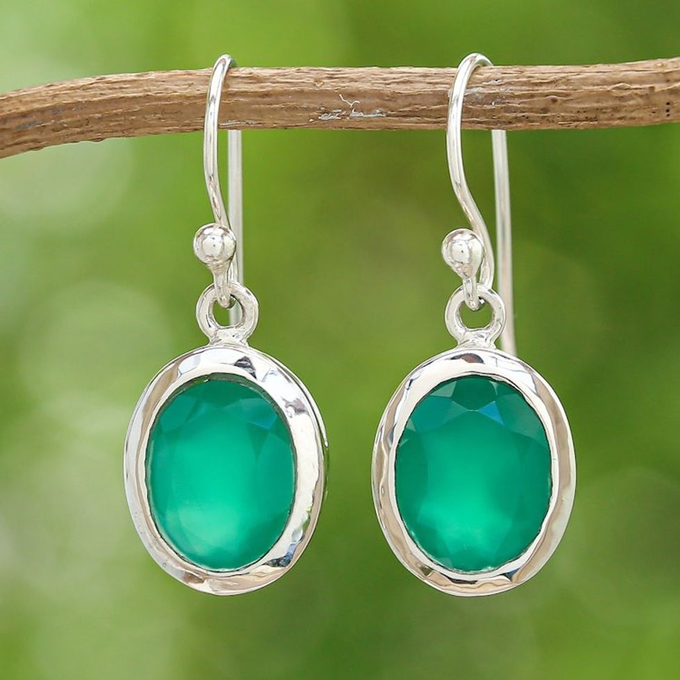 Polished Three-Carat Oval Chalcedony Dangle Earrings 'Teal Focus'