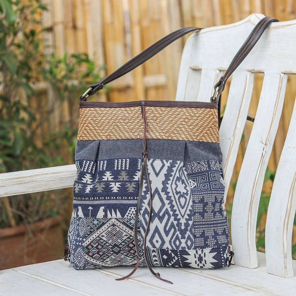 Thai Leather-Accented Cotton Blend Sling Bag in Blue 'Intermission in Blue'