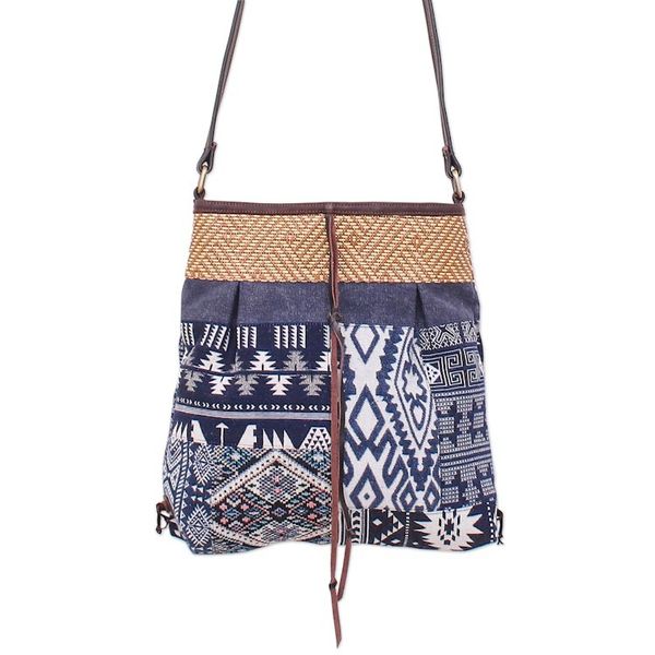 Alternate image for Thai Leather-Accented Cotton Blend Sling Bag in Blue Intermission in Blue