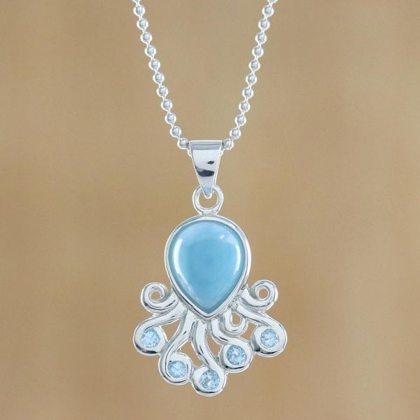 Alternate image for Larimar Blue Topaz Octopus Sterling Silver Pendant Necklace Sweet Octopus