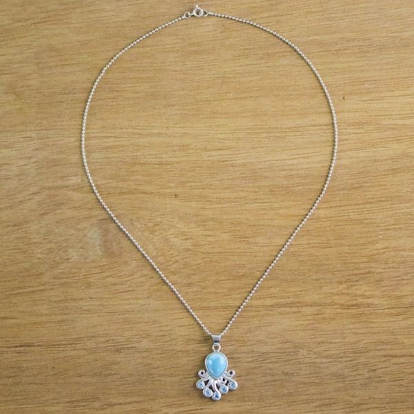 Alternate image for Larimar Blue Topaz Octopus Sterling Silver Pendant Necklace Sweet Octopus