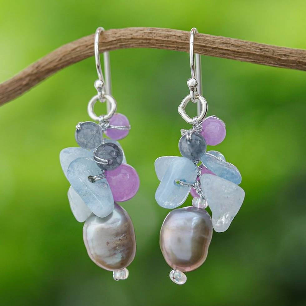 Pearl Aquamarine Quartz Cluster Earrings 'Clover'