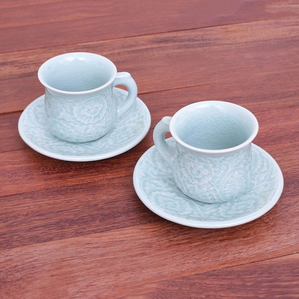 Celadon Ceramic Cup and Saucer Set from Thailand Pair 'Tea Flowers'