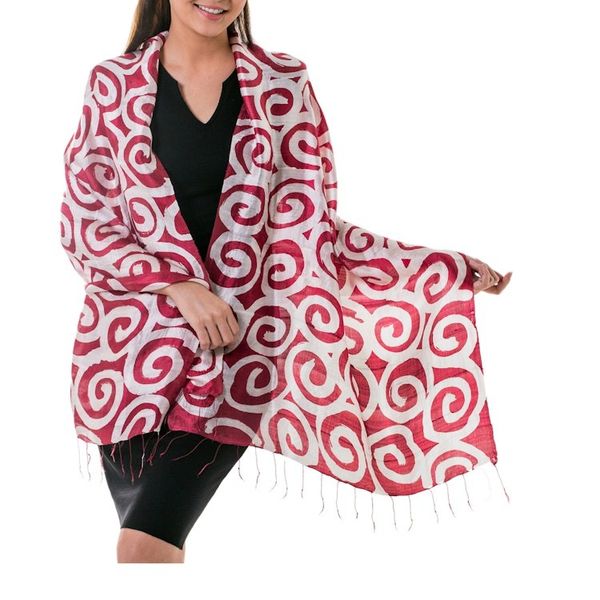 Alternate image for Red and White Silk Shawl Dyed by Hand Red Thai Maze
