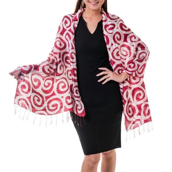 Alternate image for Red and White Silk Shawl Dyed by Hand Red Thai Maze
