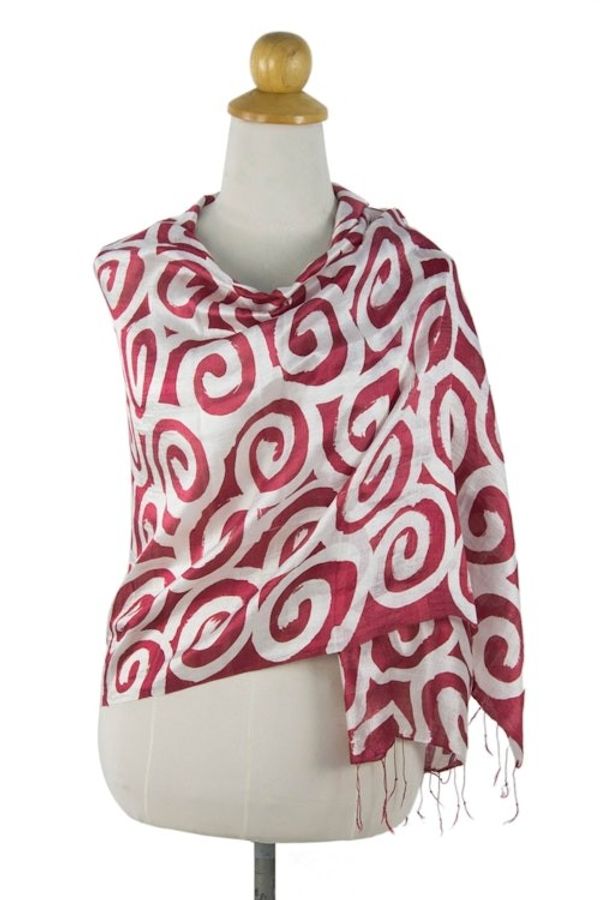 Alternate image for Red and White Silk Shawl Dyed by Hand Red Thai Maze