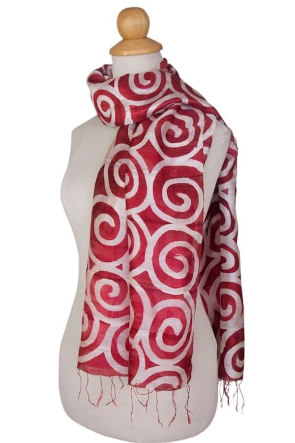 Alternate image for Red and White Silk Shawl Dyed by Hand Red Thai Maze
