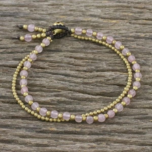 Alternate image for Handmade Rose Quartz Brass Beaded Bracelet with Loop Closure Valley of Roses