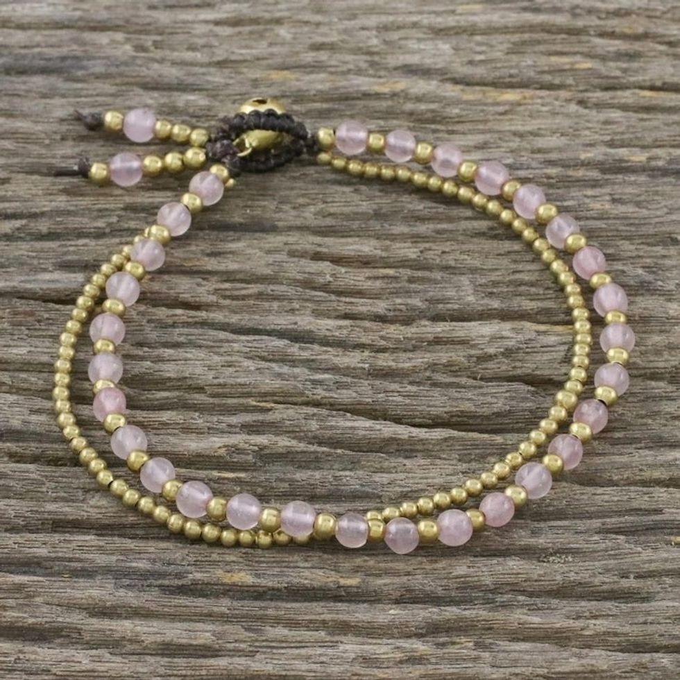 Handmade Rose Quartz Brass Beaded Bracelet with Loop Closure 'Valley of Roses'