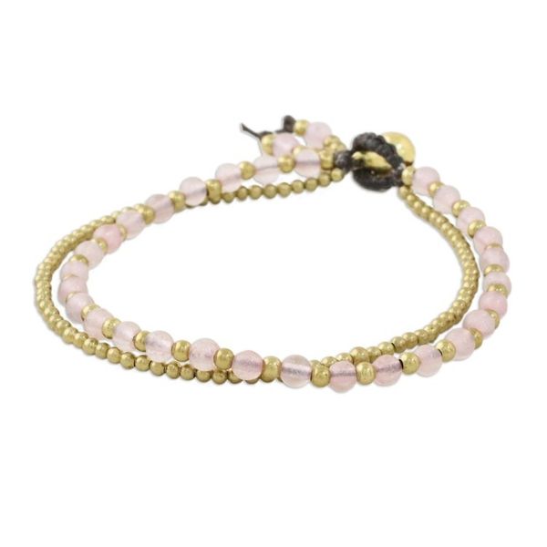 Alternate image for Handmade Rose Quartz Brass Beaded Bracelet with Loop Closure Valley of Roses
