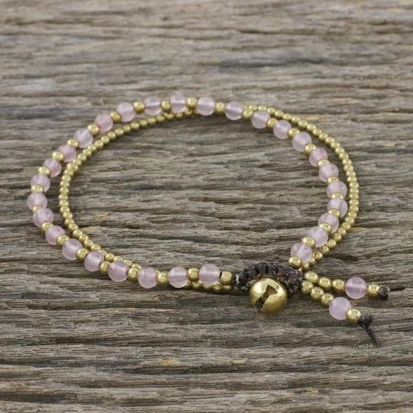 Alternate image for Handmade Rose Quartz Brass Beaded Bracelet with Loop Closure Valley of Roses