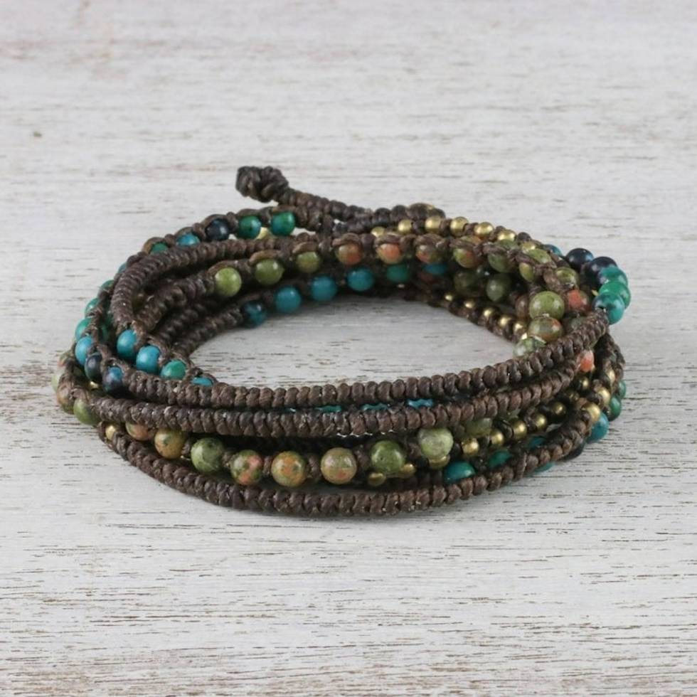 Serpentine and Unakite Beaded Wrap Bracelet 'Voice of the Forest'