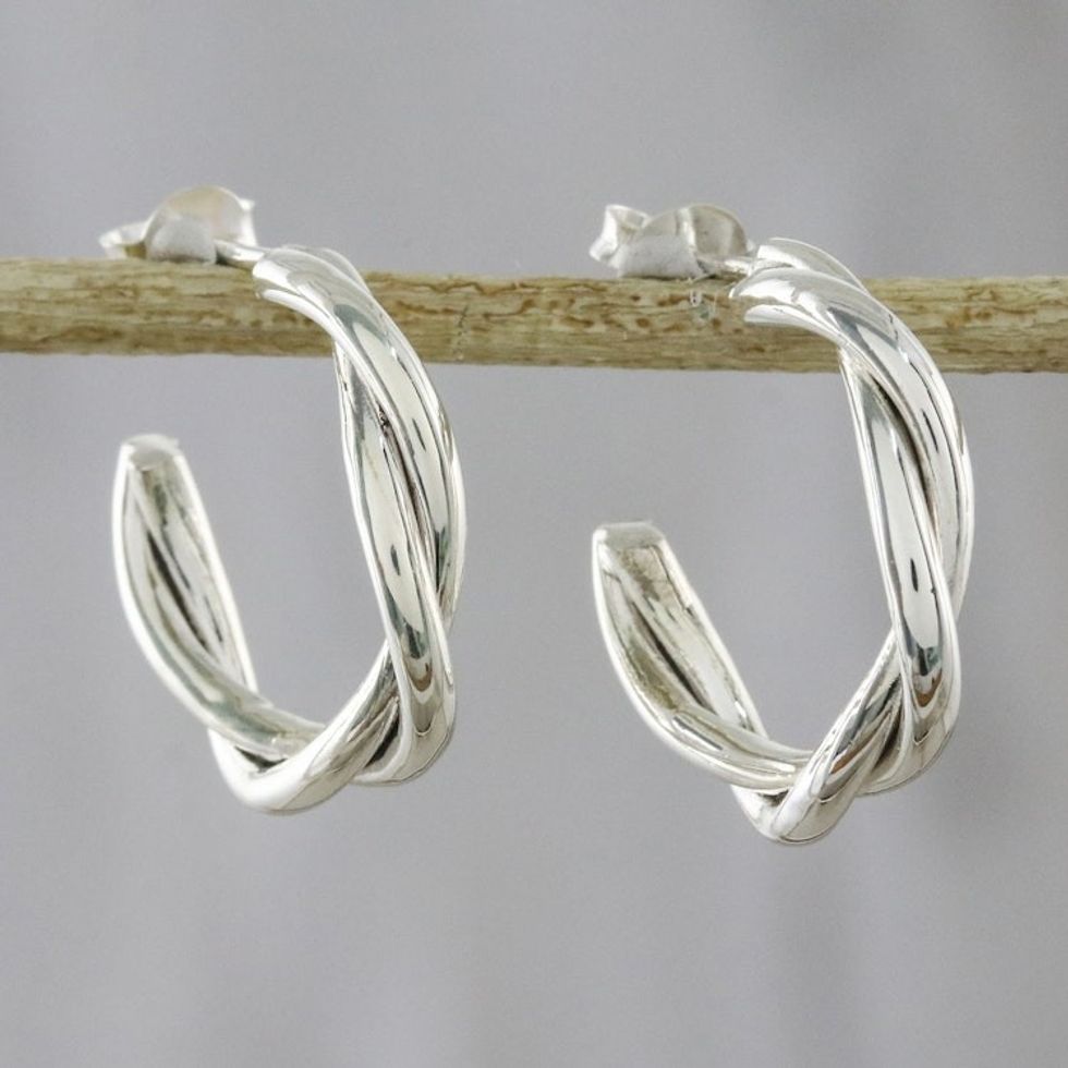 Spiral-Shaped Silver Half-Hoop Earrings from Thailand 'Spiral Curves'