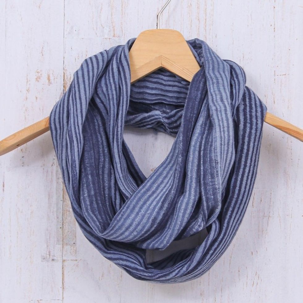 Dark Blue and White 100 Cotton Infinity Scarf from Thailand 'Foggy Night'