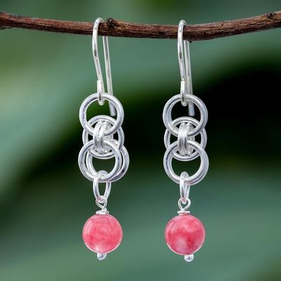 Alternate image for Pink Jade Dangle Earrings with Sterling Silver Rings Ring Mood