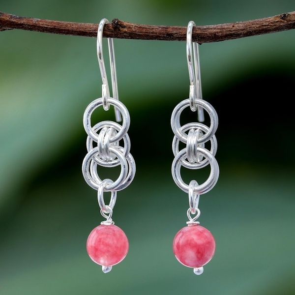 Alternate image for Pink Jade Dangle Earrings with Sterling Silver Rings Ring Mood