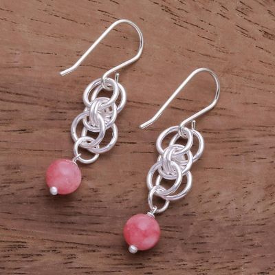 Alternate image for Pink Jade Dangle Earrings with Sterling Silver Rings Ring Mood