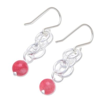 Alternate image for Pink Jade Dangle Earrings with Sterling Silver Rings Ring Mood