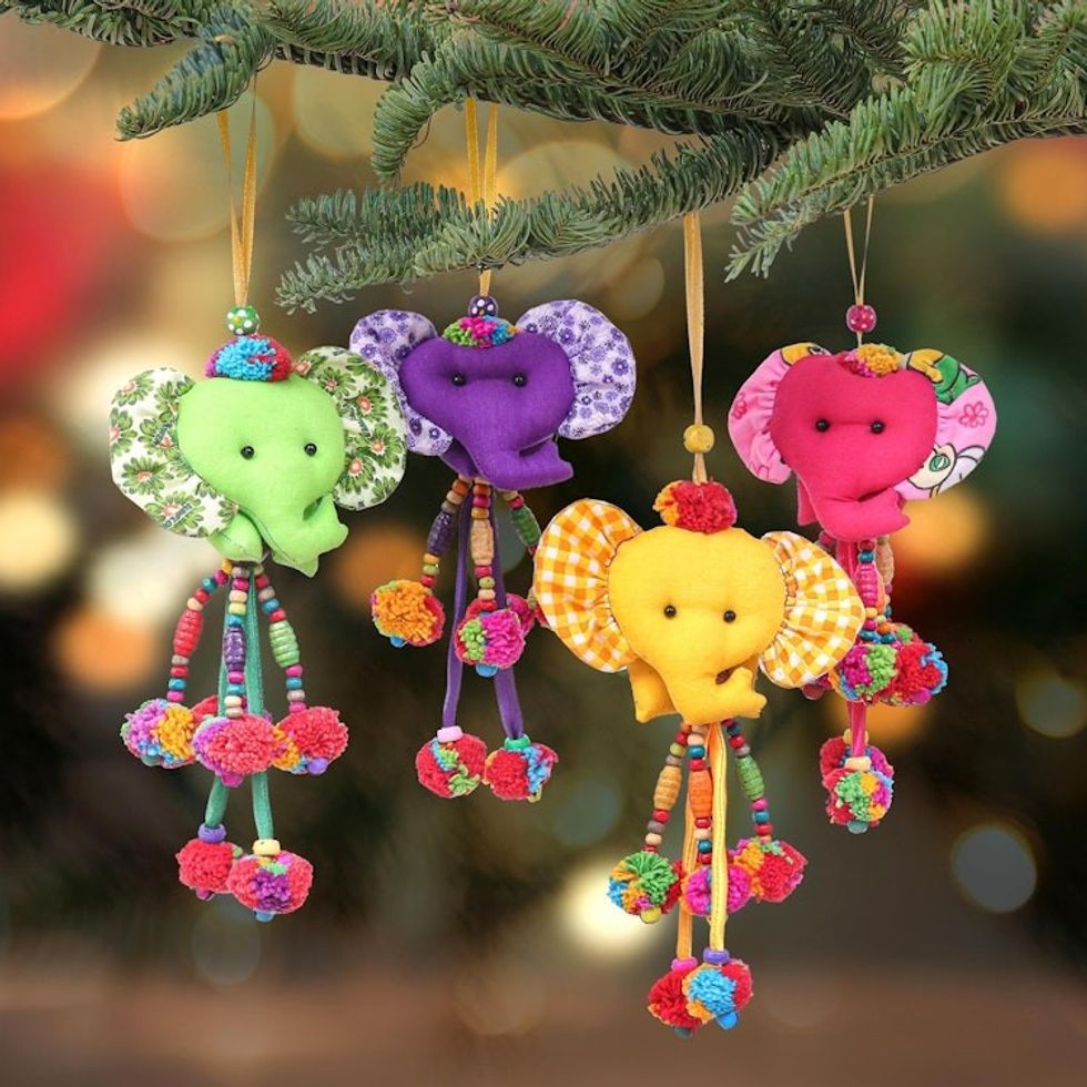 Handcrafted Cotton-Blend Elephant Ornaments Set of 4 'Happy Herd'