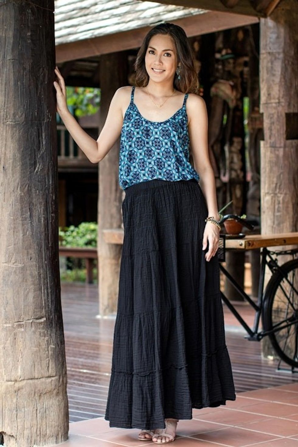 Black Cotton Gauze Skirt from Thailand 'Simple Vow in Black'