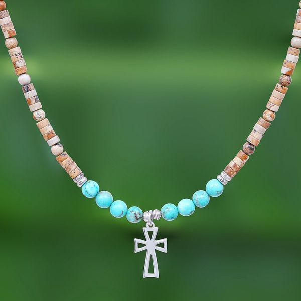 Alternate image for Multi-Gemstone Beaded Cross Pendant Necklace Earthy Cross