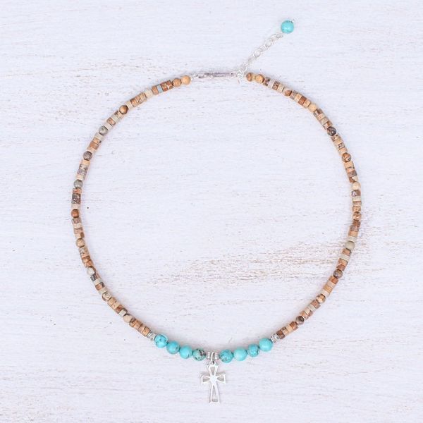 Alternate image for Multi-Gemstone Beaded Cross Pendant Necklace Earthy Cross
