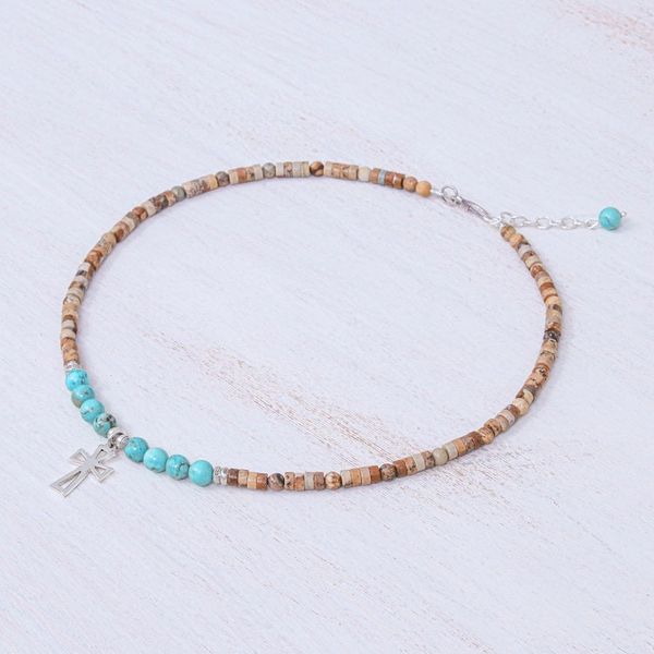 Alternate image for Multi-Gemstone Beaded Cross Pendant Necklace Earthy Cross