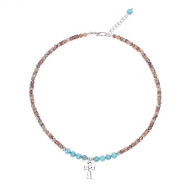 Alternate image for Multi-Gemstone Beaded Cross Pendant Necklace Earthy Cross
