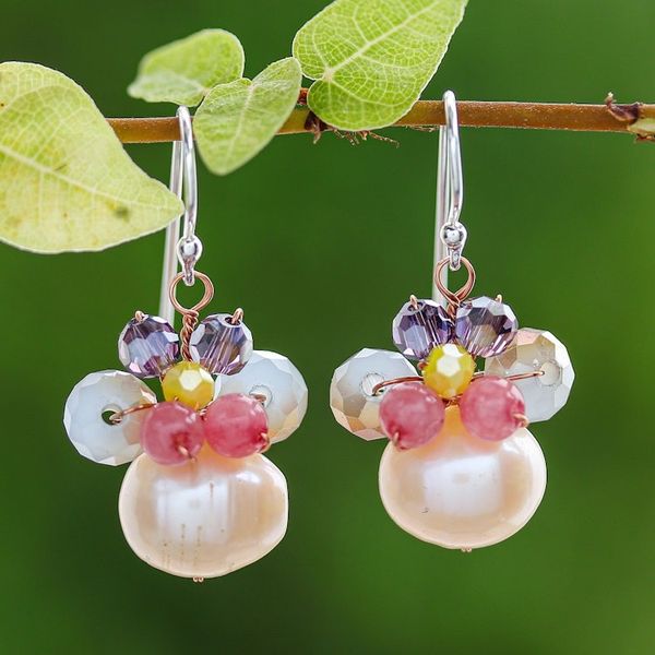 Alternate image for Pink Cultured Pearl Dangle Earrings with Butterfly Motif Butterfly Party in Pink