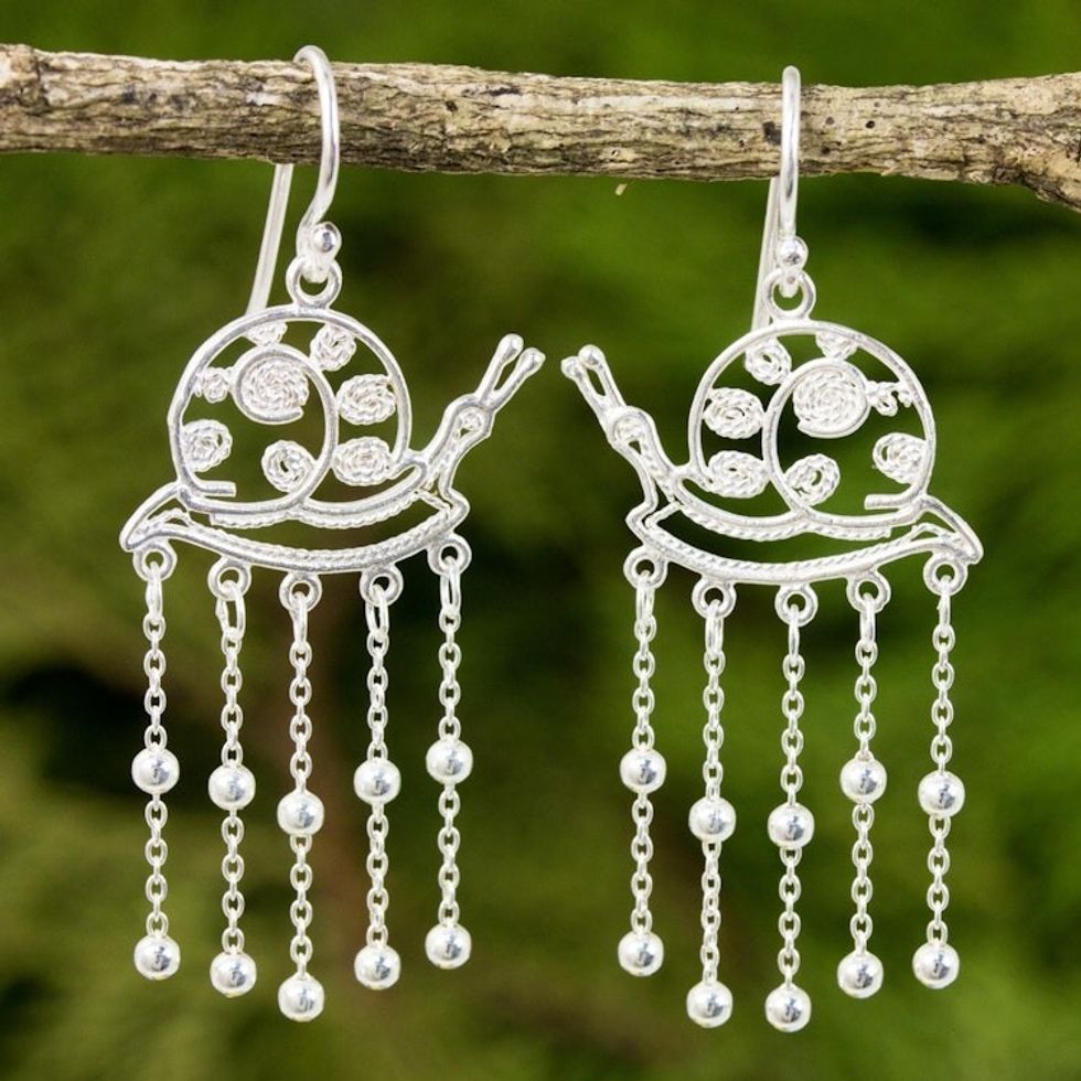 Artisan Crafted Snail Shaped Sterling Silver Dangle Earrings 'Happy Snail'