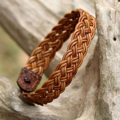 Alternate image for Light Brown Leather Braided Bracelet from Thailand Braided Paths in Light Brown